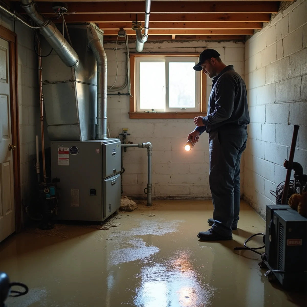 Gas furnace in a damp basement with a water line on the wall after flooding in Washingtonville, NY
