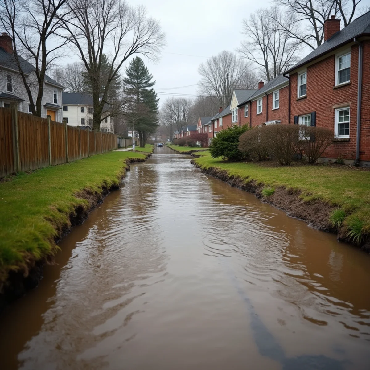 Moodna Creek running high past backyards in Washingtonville, NY after heavy rain
